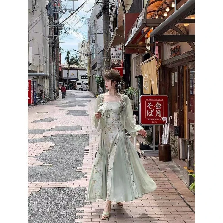 【茉烟染】300斤特大码女装复古气质新中式国风印花雪纺裙开衫