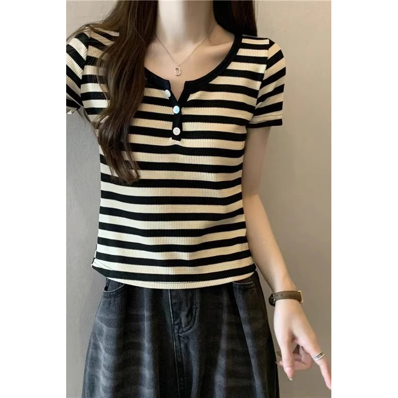 v领短袖T恤女2025新款夏季胖mm条纹小衫修身显瘦