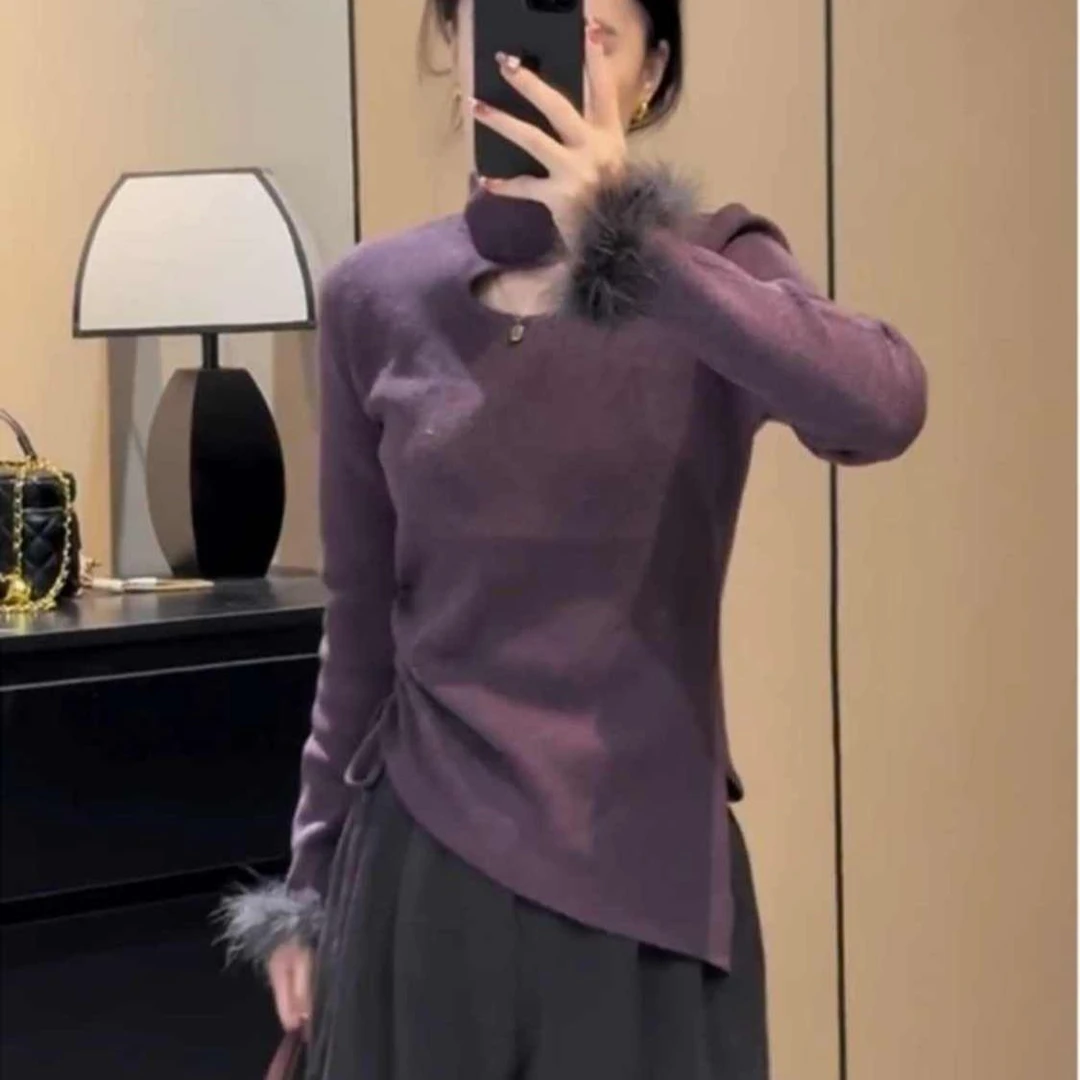 大码双面德绒毛毛圈抽绳长袖上衣女秋冬季2025新款修身显瘦打底衫