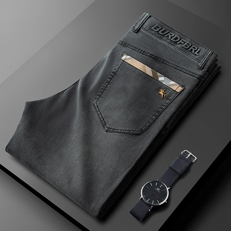 轻奢春夏季薄款高端男款洗水浅灰色牛仔裤男士修身弹力休闲裤男