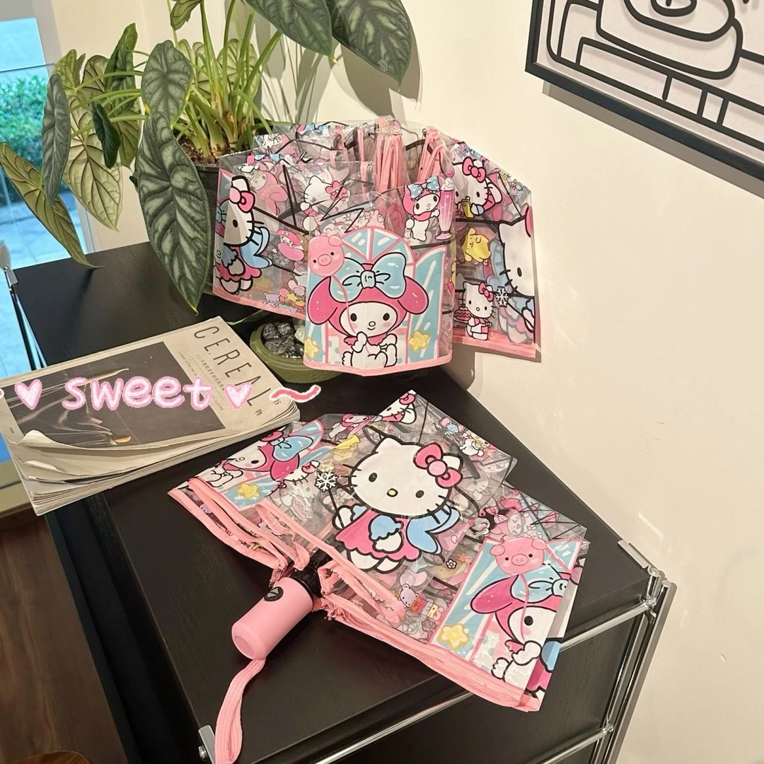 时尚加厚全自动折叠创意便携三折透明女学生适用雨伞