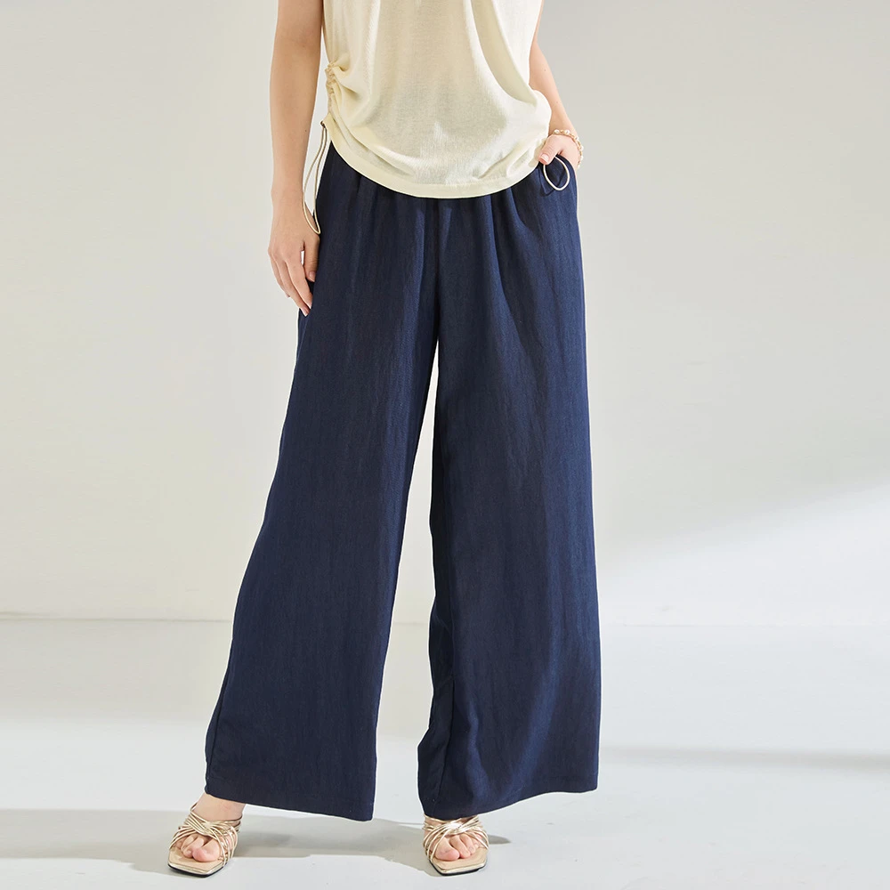 25夏季新款烟雨灰蓝阔腿休闲裤打褶松紧腰薄款人棉直筒长裤18865