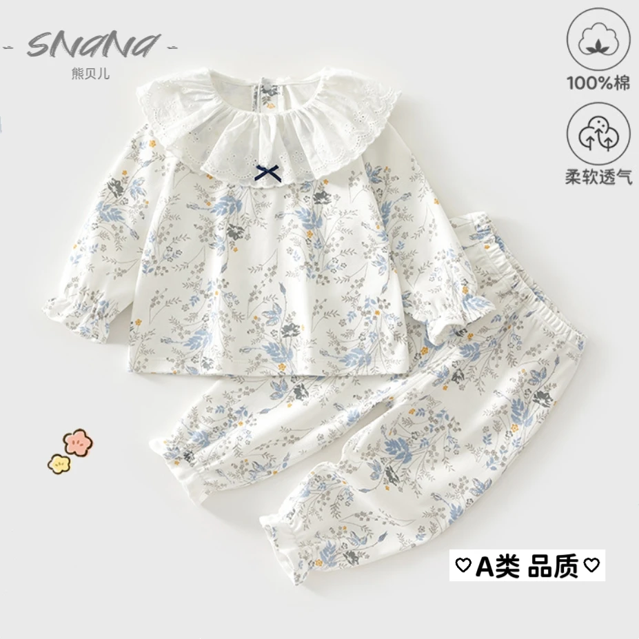 纯棉新生儿婴儿夏秋季套装女宝长袖上衣裤子儿童分体衣套装空调服