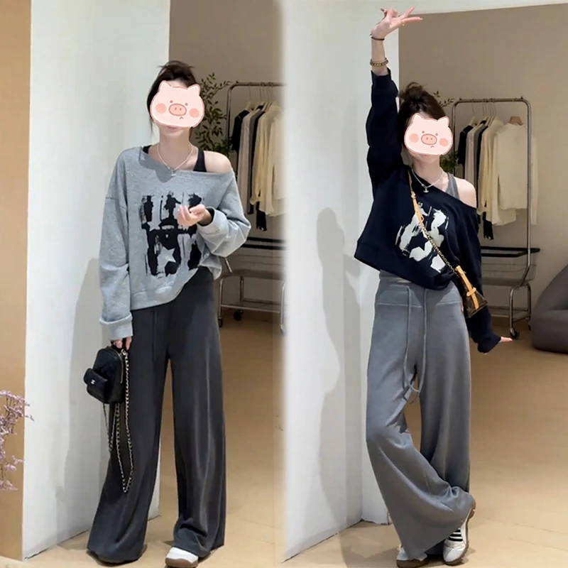 巨好看的两件套早秋宽松慵懒风显瘦斜肩上衣搭配休闲裤洋气套装女