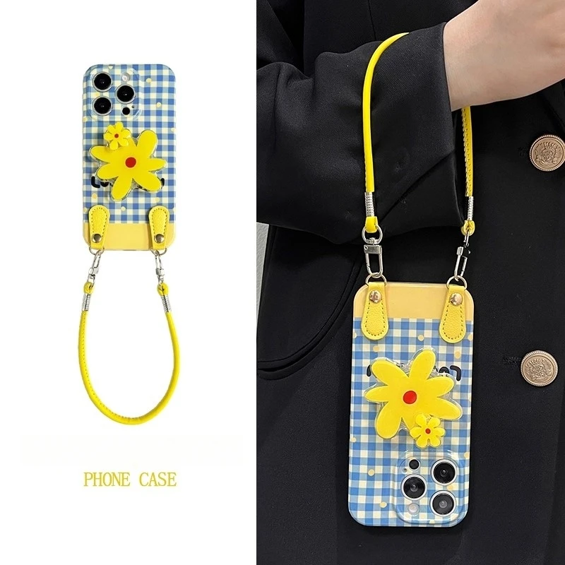 蓝格子转转花朵支架手提绳适用iPhone16promax苹果15手机壳14斜挎