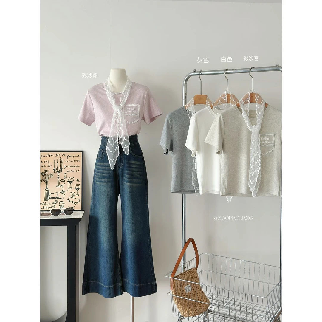 韩版春2025新款纯色上衣修身显瘦短袖T恤女+蕾丝飘带7012#0.1 qq