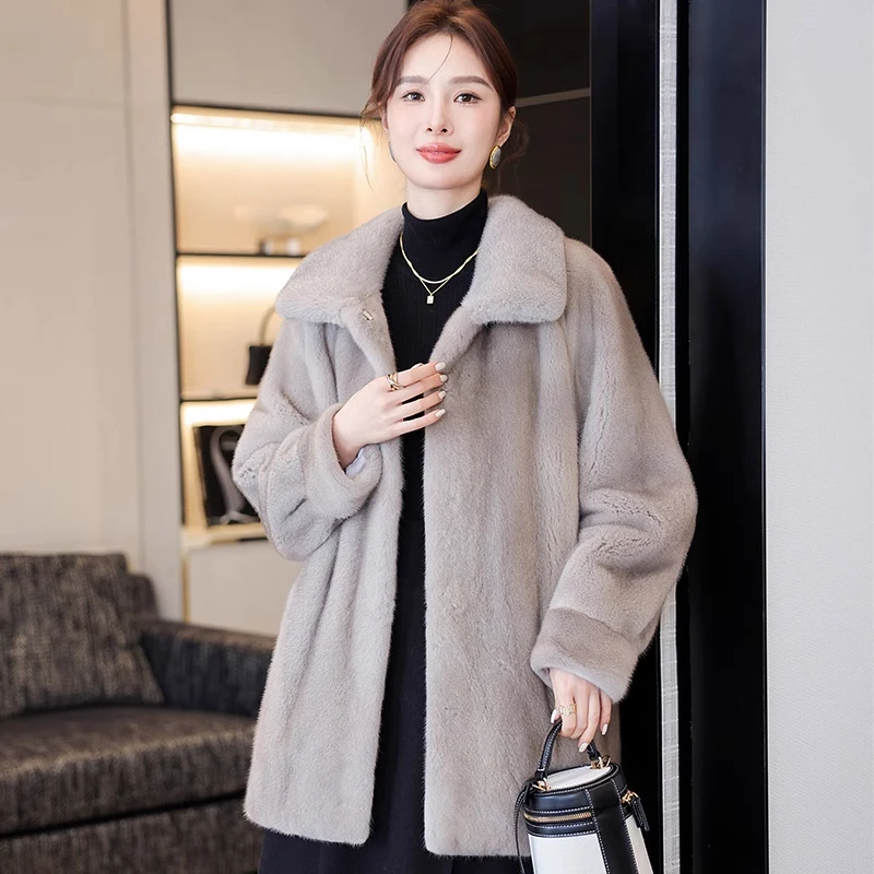 银兰色天鹅绒整貂水貂皮大衣2024冬季新款裘皮皮草中长款风衣外套