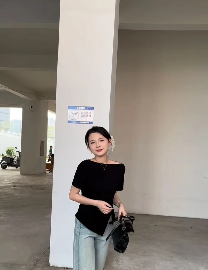 (LINGLING)白月光T恤斜肩不规则设计感小众短袖T恤女