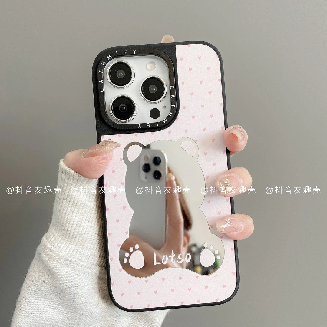 适用于苹果16promax15/14/13/12/11黑边镜面壳手机壳高级潮爱心熊