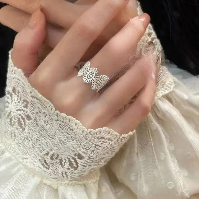 钛钢仿水晶戒指 法式银色甜美百搭轻奢满钻可调节超仙气时尚小众