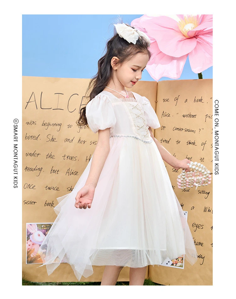 梦特娇女童夏季甜美公主纱裙洋气儿童时尚泡泡袖休闲连衣裙潮A95