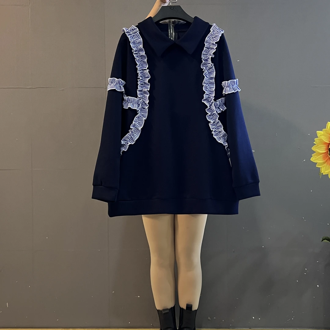 新款时尚小翻领木耳花边拼接宽松遮肚显瘦卫衣