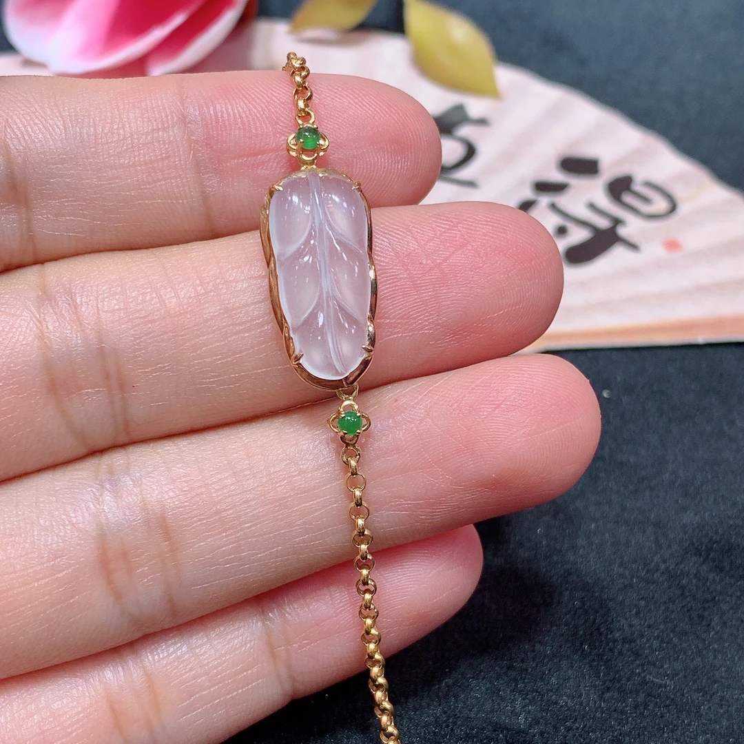 18k金天然A货翡翠白冰树叶手链经典轻奢时尚
