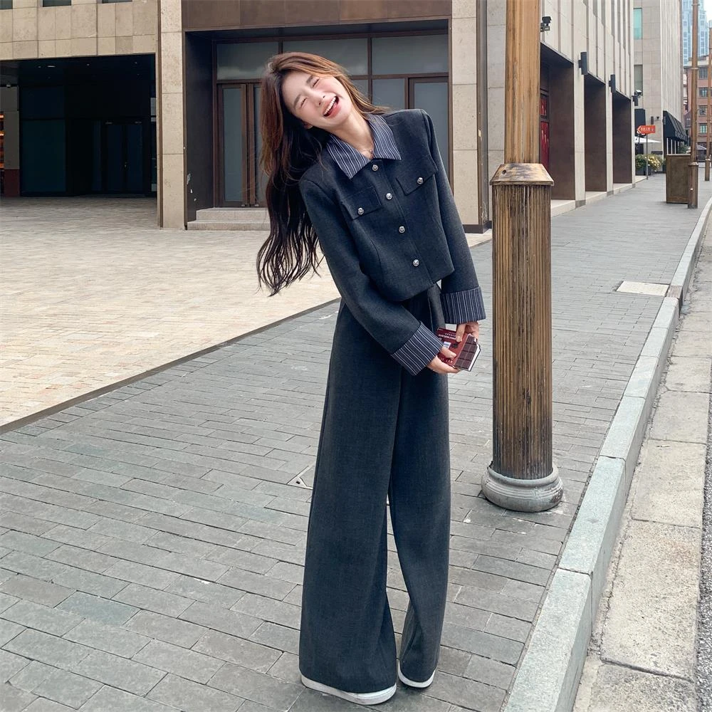 韩系灰色西装套装女春季流行盐系又a又飒ootd西服两件套穿搭爆款