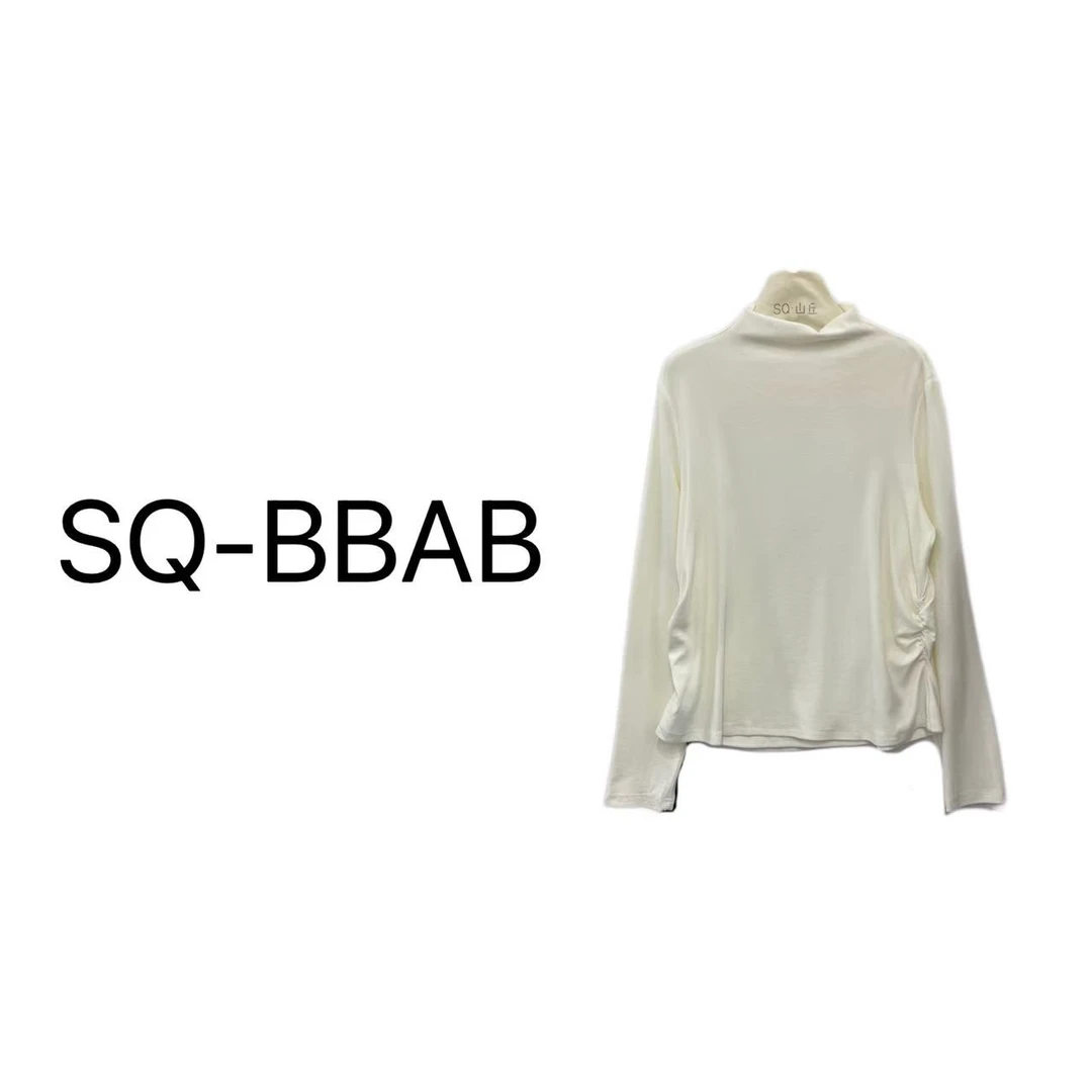 Q1366大码女半高领长袖褶皱纯色打底衫