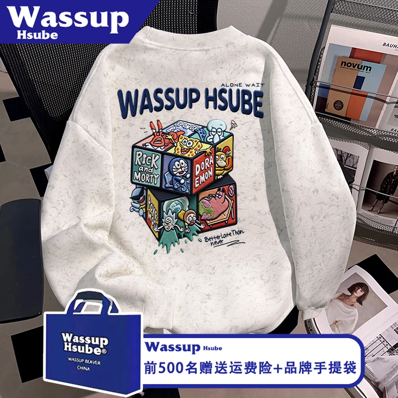 WASSUP HSUBE秋冬季男女款白色蜡染上衣潮酷海绵宝宝印花流行卫衣