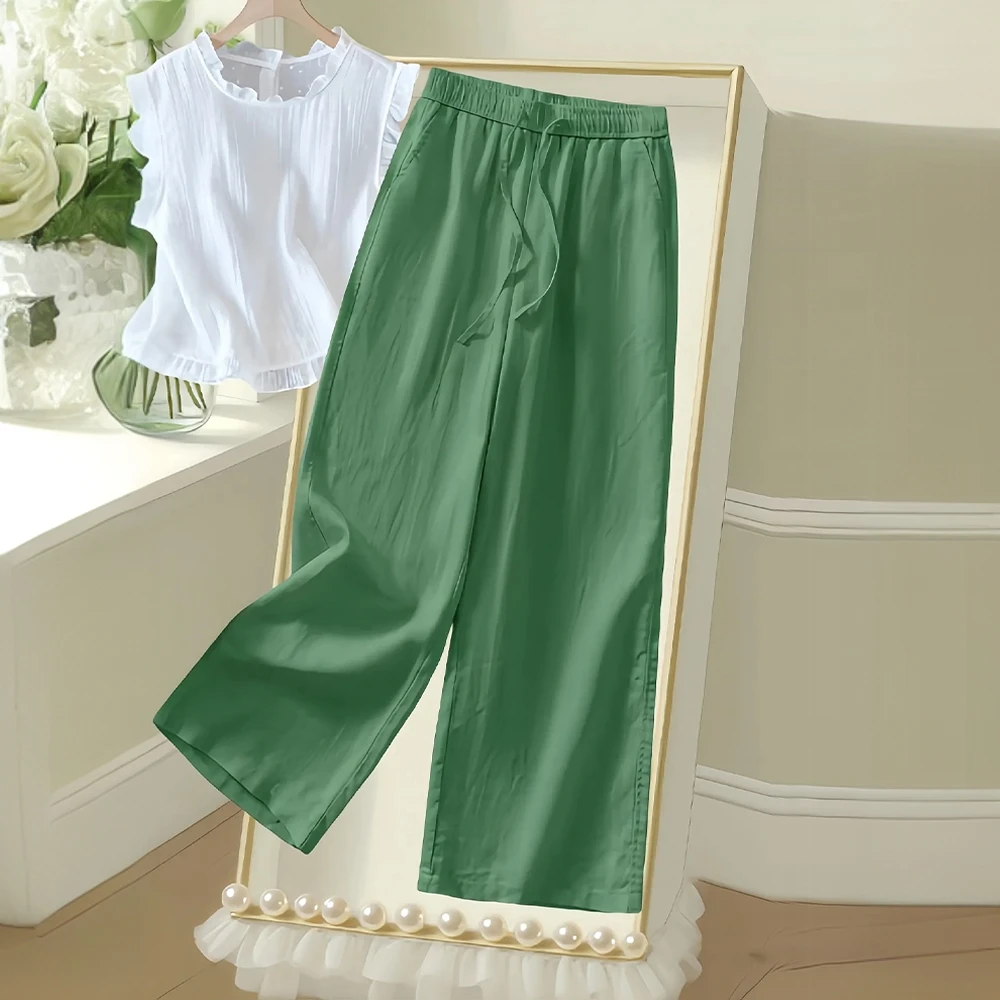 森林绿亚麻阔腿裤女夏薄款2025新款休闲垂感九分裤天丝棉麻裤宽松