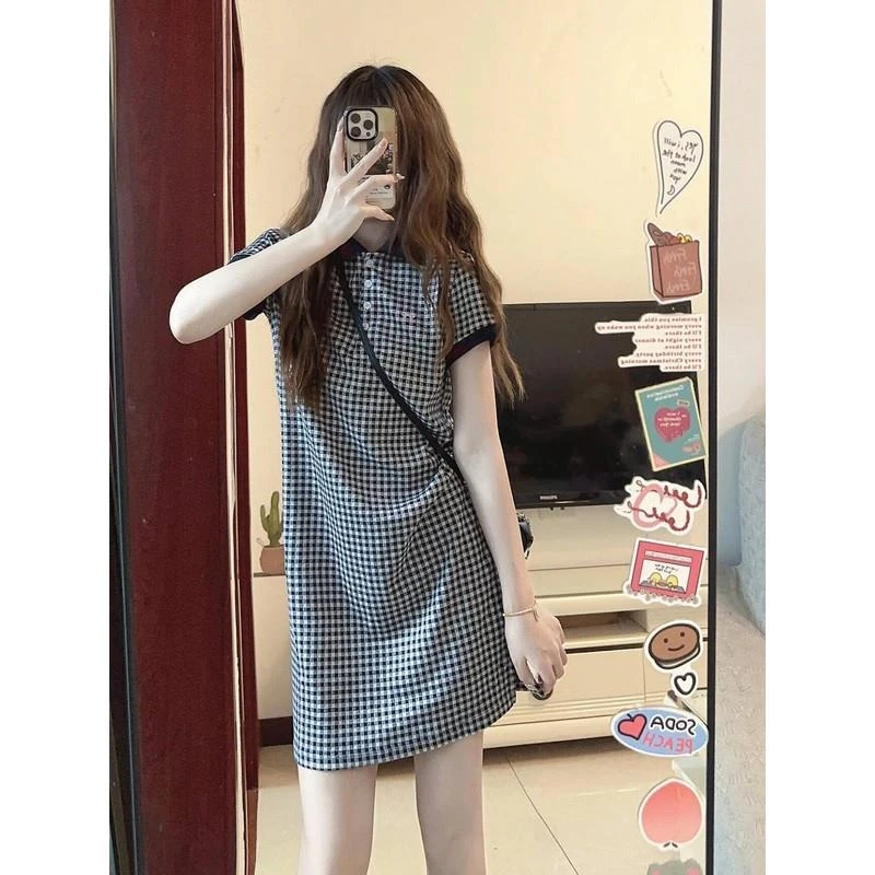法式领格子短袖连衣裙子女收腰显瘦气质设计感小个子短裙夏季