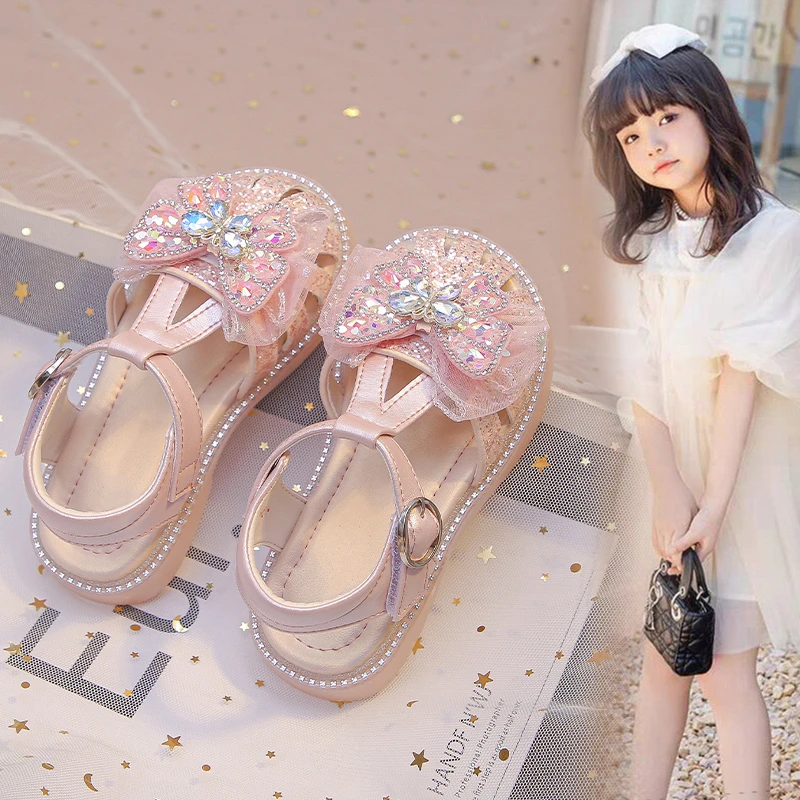 女童鞋子儿童凉鞋2025新款夏季小女孩软底水晶蝴蝶包头公主鞋夏款