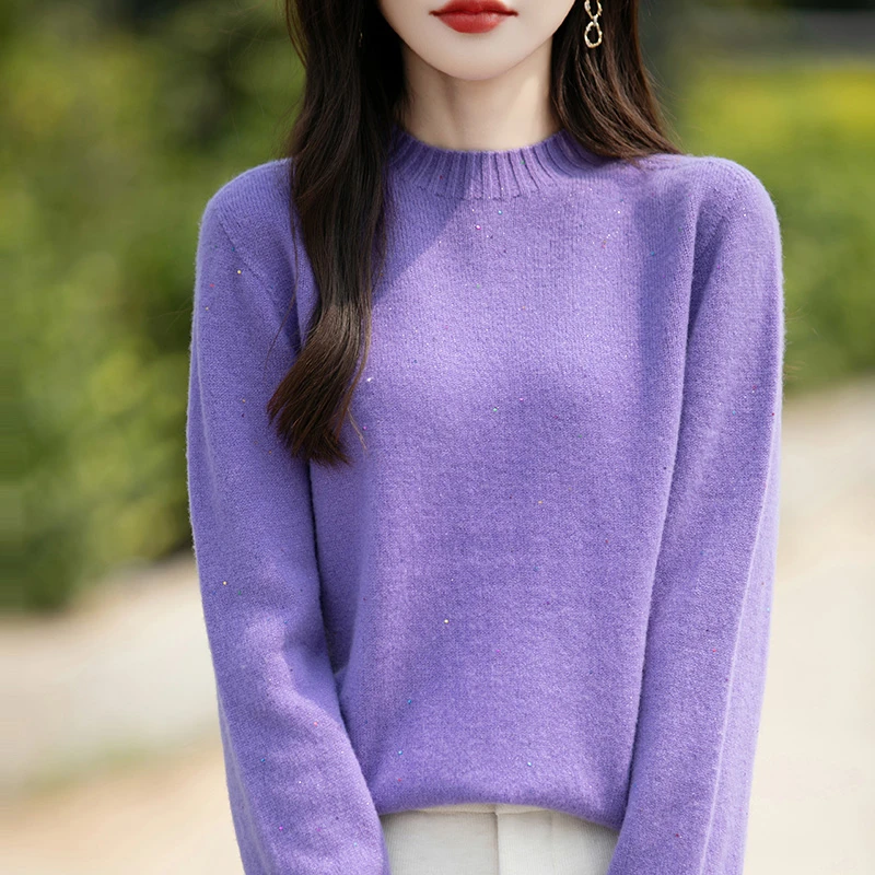 精致星空亮片女士纯羊毛圆领羊毛衫长袖内搭时尚百搭