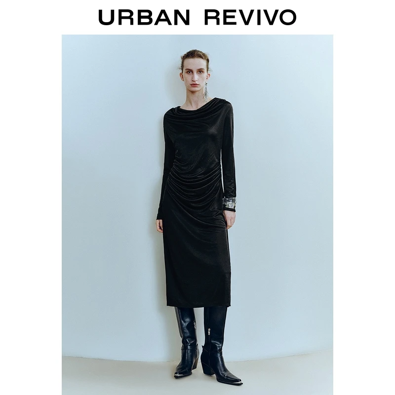 UR2026春季新款女装气质荡领褶皱长裙连衣裙UWJ750098+