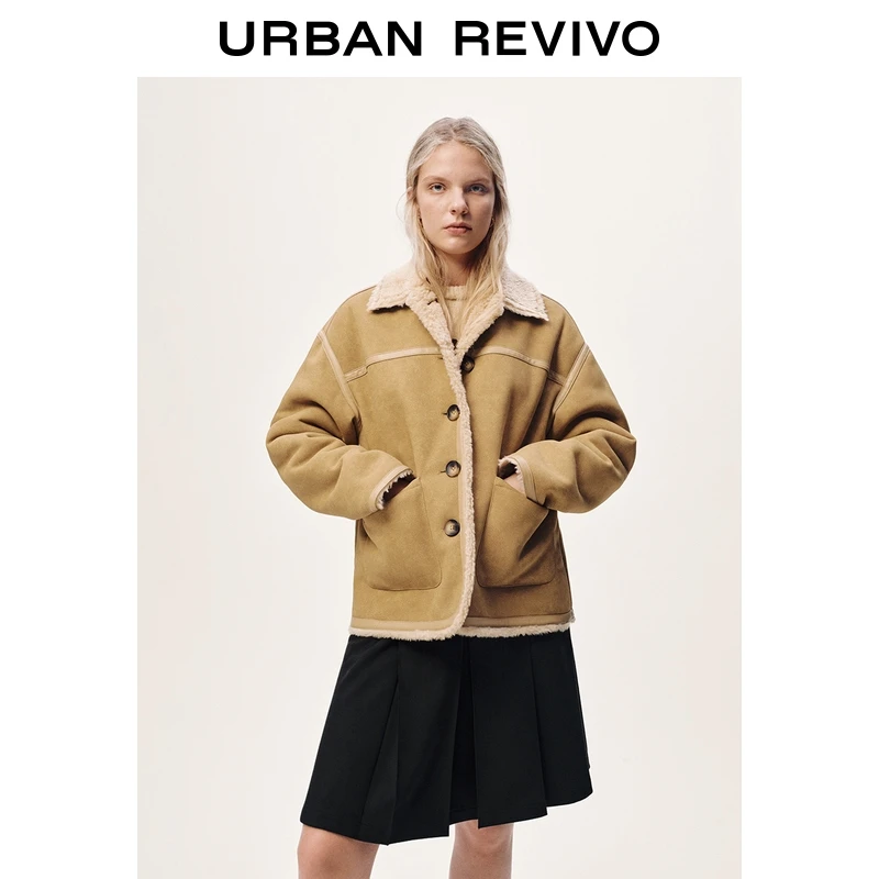 UR2025冬季新款女装琥珀流光风拼接毛领纽扣外套UYL150094