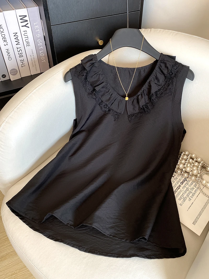 黑色高级感木耳边V领无袖衬衫女2025夏季外穿气质纯欲微透上衣潮