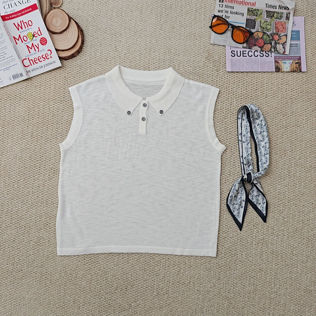 2025夏季新款韩版百搭针织冰麻带丝巾polo领纯色背心3071