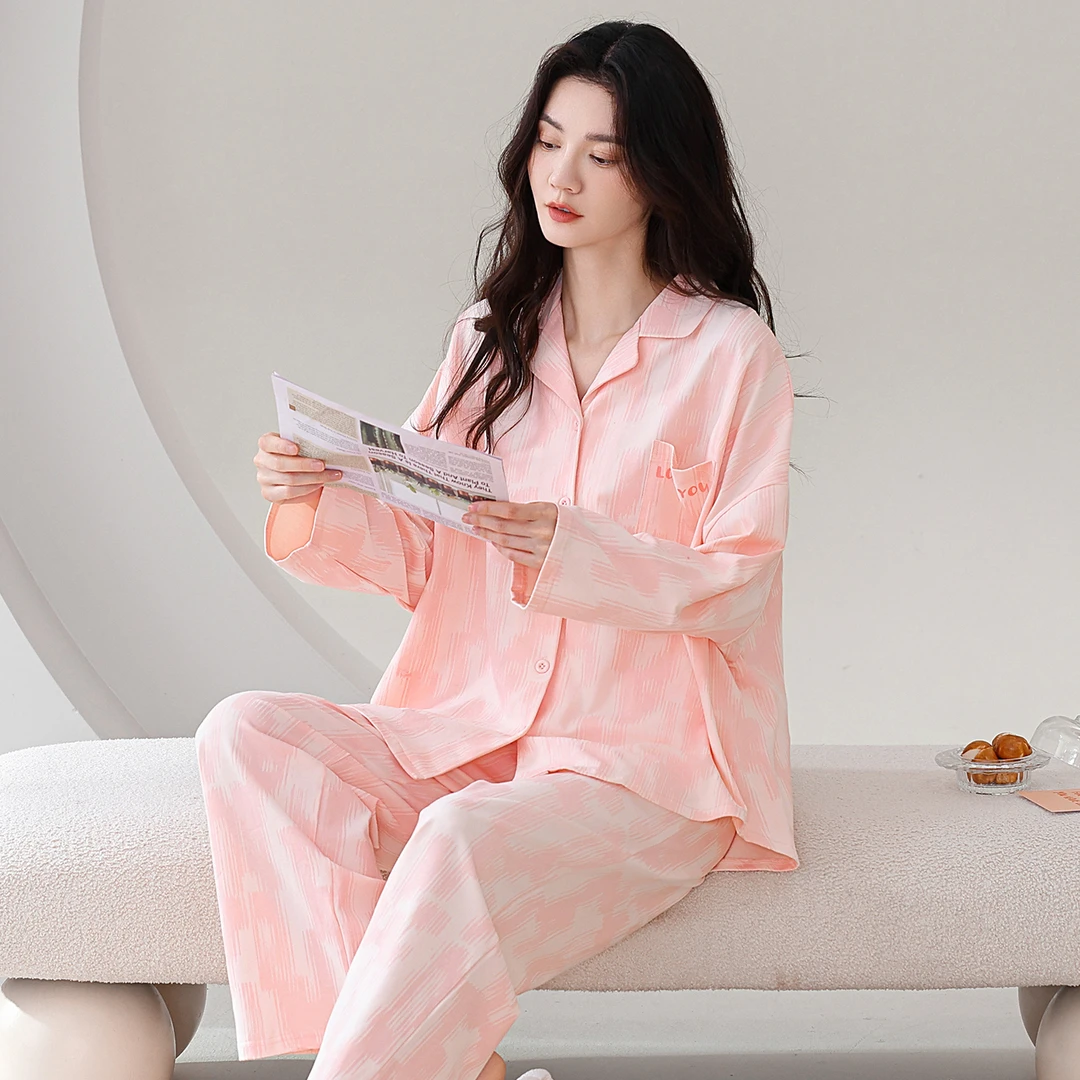 纯棉睡衣女薄款秋冬新款开衫长袖全棉可外穿家居服套装秋冬款