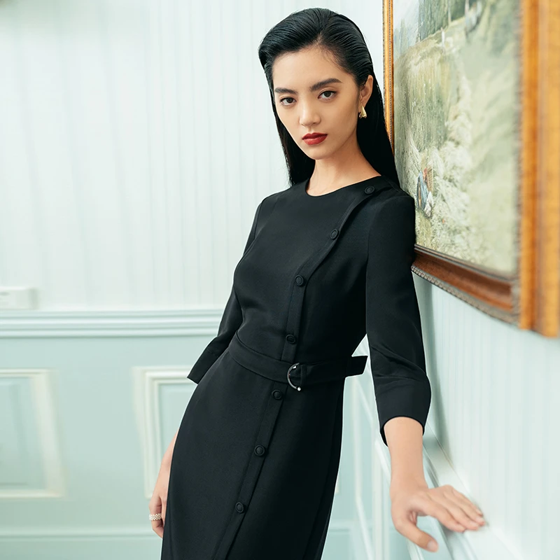 968007气质纯色丝绸裙子女正式场合高级感洋气桑蚕丝西装连衣裙