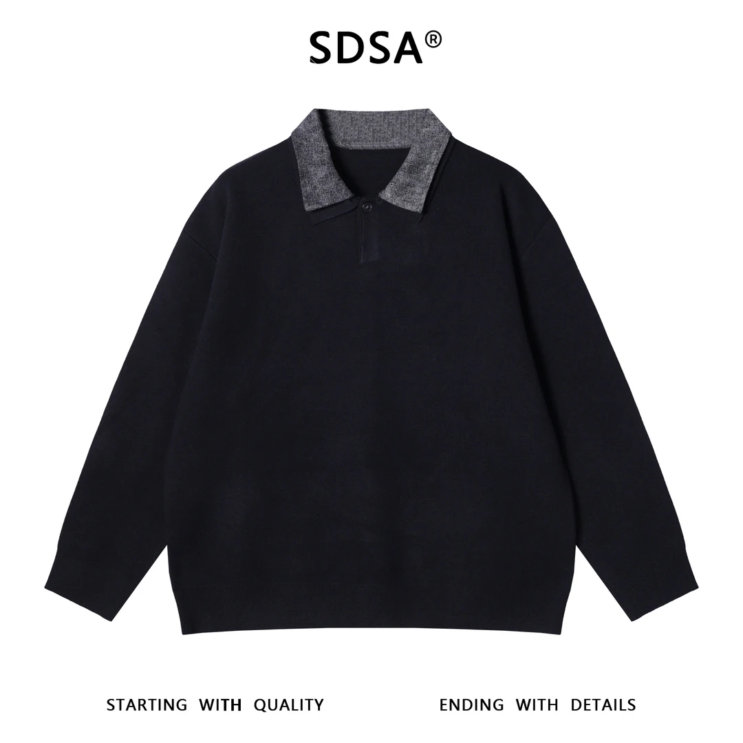 SDSA秋冬新款痞帅男装慵懒风撞色拼接polo领假两件毛衣百搭针织衫