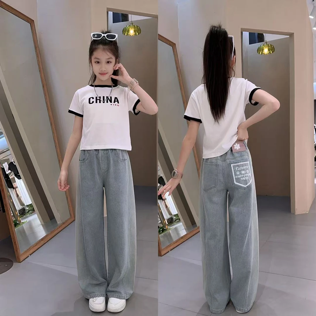 女童夏季薄款韩版洋气T恤阔腿裤套装中大童夏装休闲儿童牛仔裤潮t