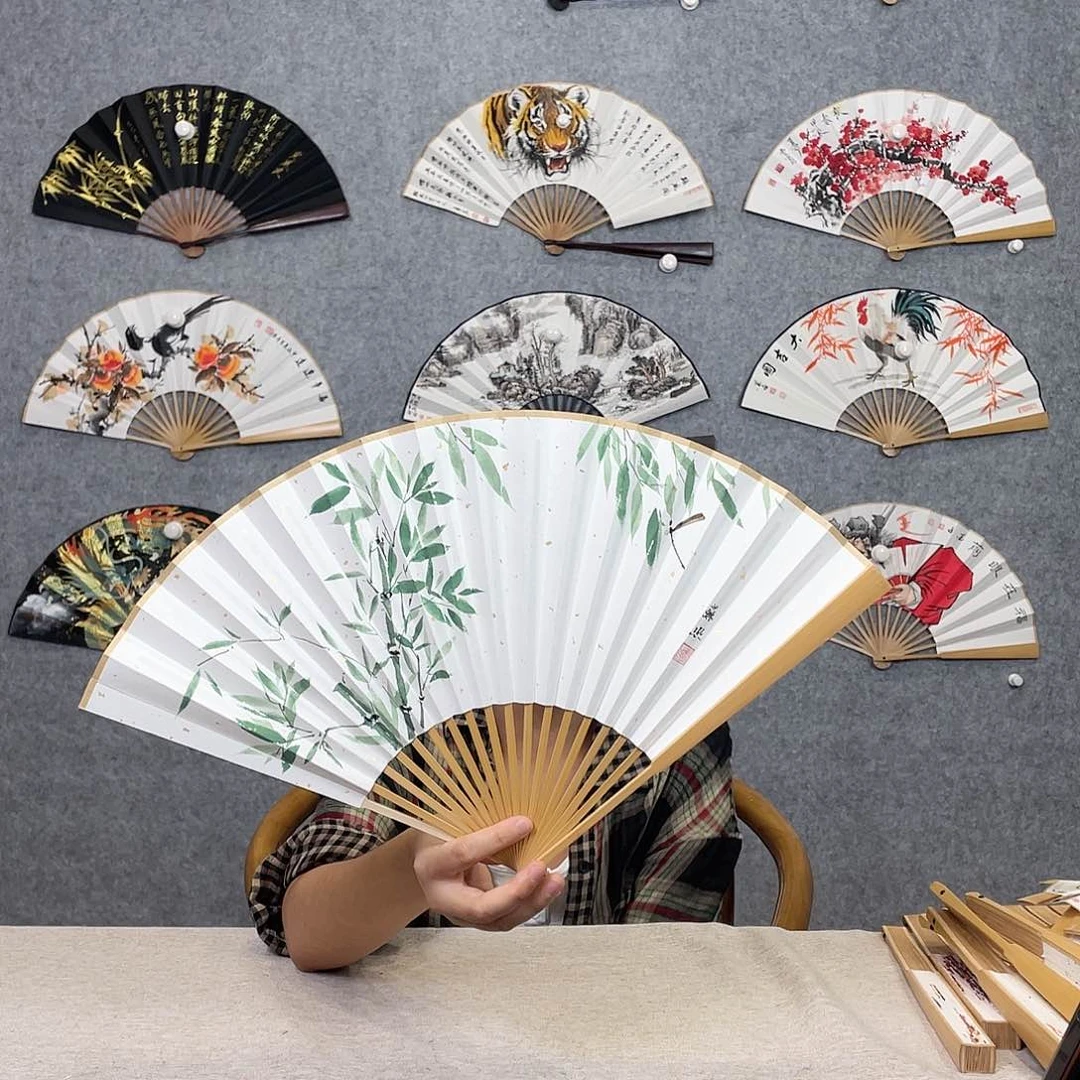 国画95寸水磨玉竹纯手绘-文玩扇骨（默认粘好）