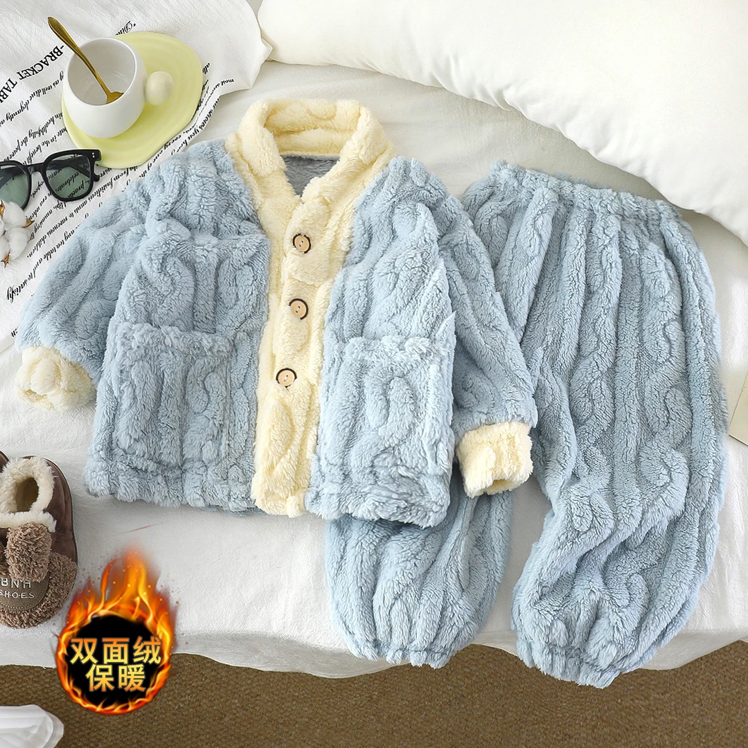 家居服套装男女法兰绒家居服1-10岁宝宝加厚睡衣外穿