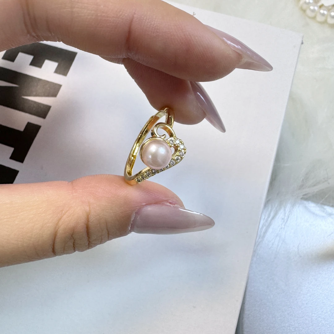 【半颗心戒指】6mm天然淡水紫色珍珠戒指合金不掉色时尚