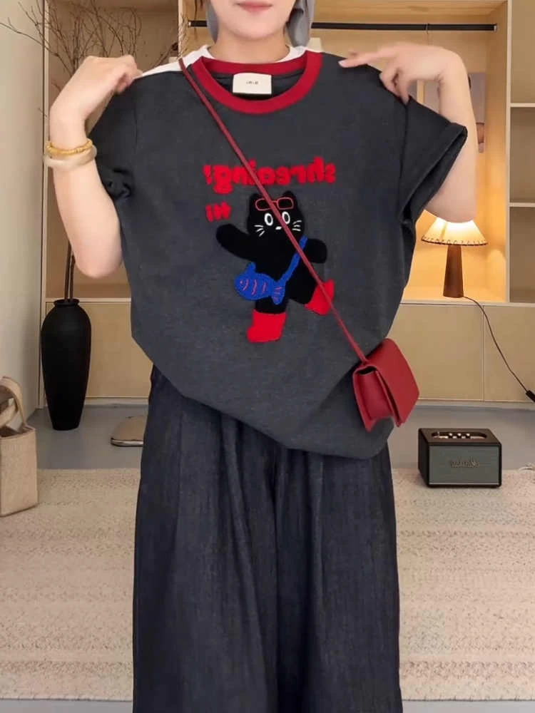 纯棉大码撞色猫咪刺绣短袖t恤女2025夏季新款宽松显瘦时尚上衣女