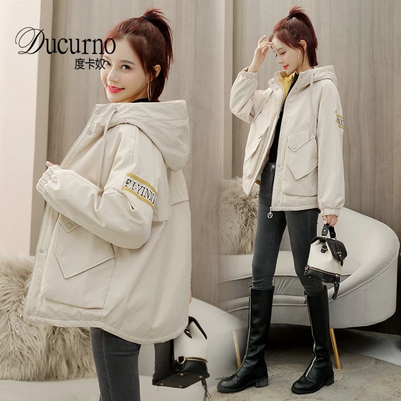 休闲百搭风衣外套女秋冬新款休闲加绒加厚棉衣爆款工装夹克派克服