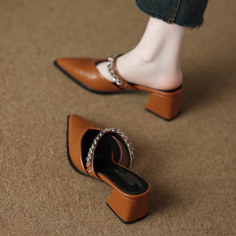 真皮绝美时尚高级感包头半拖鞋女外穿凉拖2025夏日千金鞋子名媛风