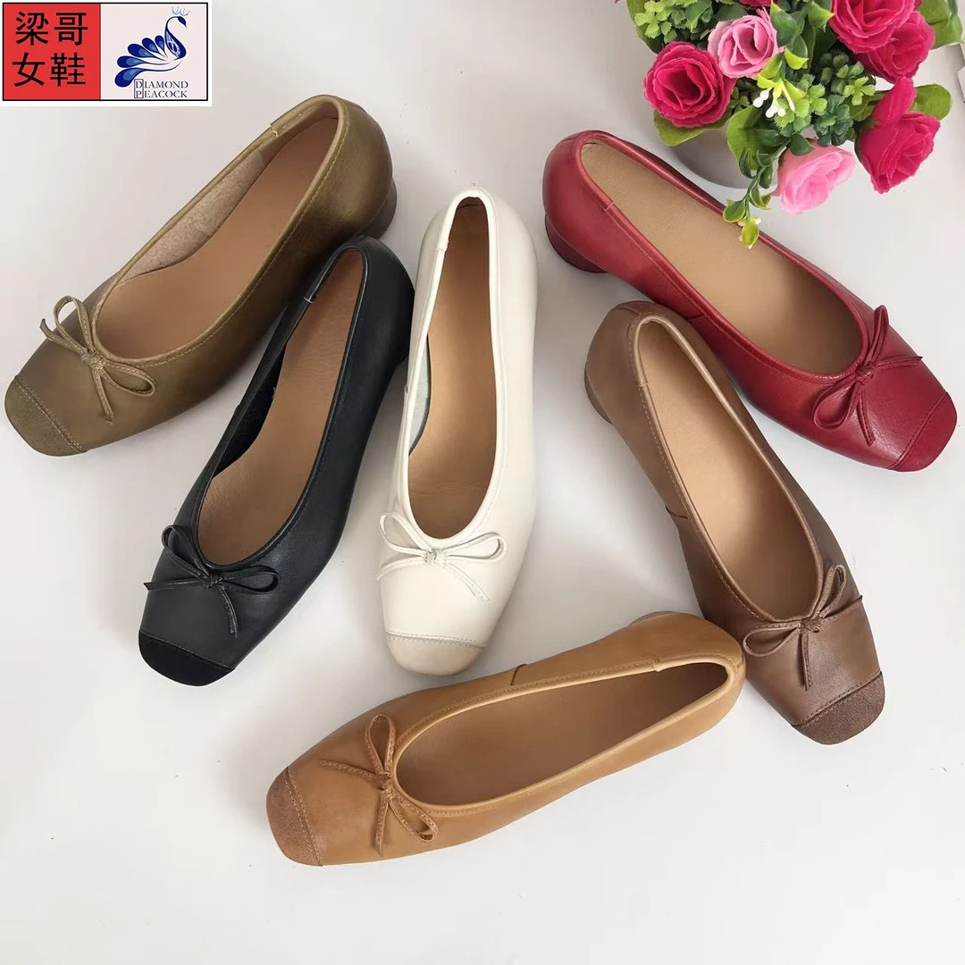新款真皮头层牛皮蝴蝶结软底百搭休闲通勤一脚蹬舒适浅口女单鞋
