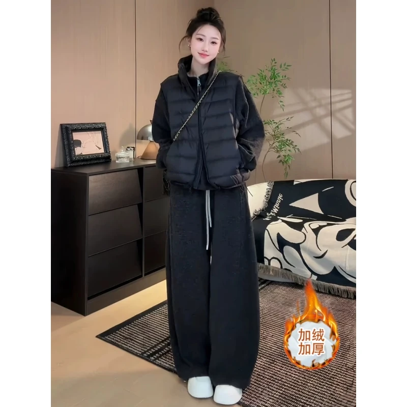 加绒加厚休闲运动套装女士冬季新款洋气卫衣显瘦阔腿裤减龄两件套