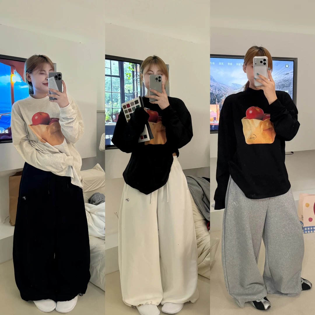 吃魚- 原创330g 高克重百搭高腰显瘦宽松刺绣阔腿抽绳长裤