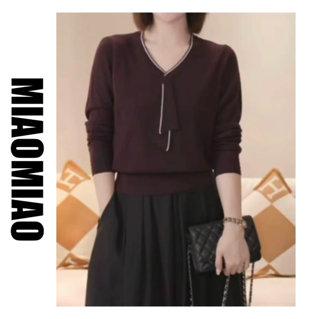 飘带长袖针织衫V领撞色边上衣气质女装显瘦中年女装609