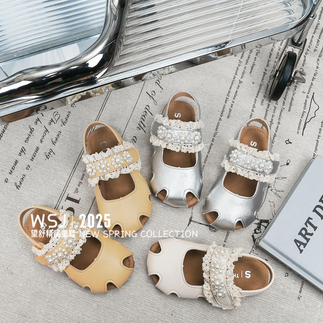 望舒家『云裳花开』女童法式珍珠蕾丝公主鞋夏季软底百搭包头凉鞋36