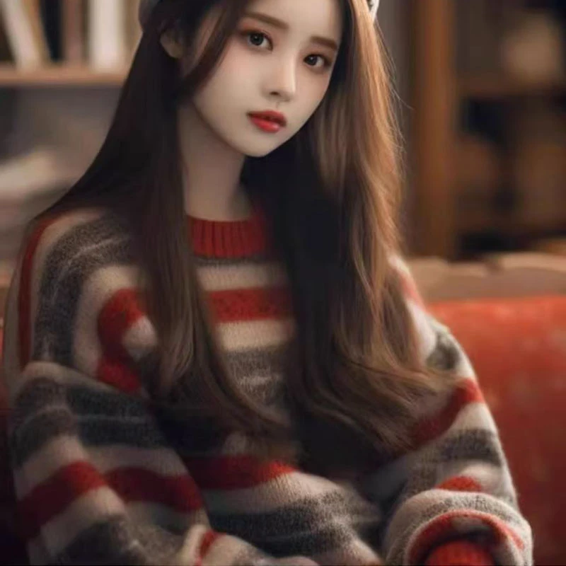【娃娃专属】美式复古撞色条纹圆领毛衣秋冬设计感宽松软糯羊毛上衣