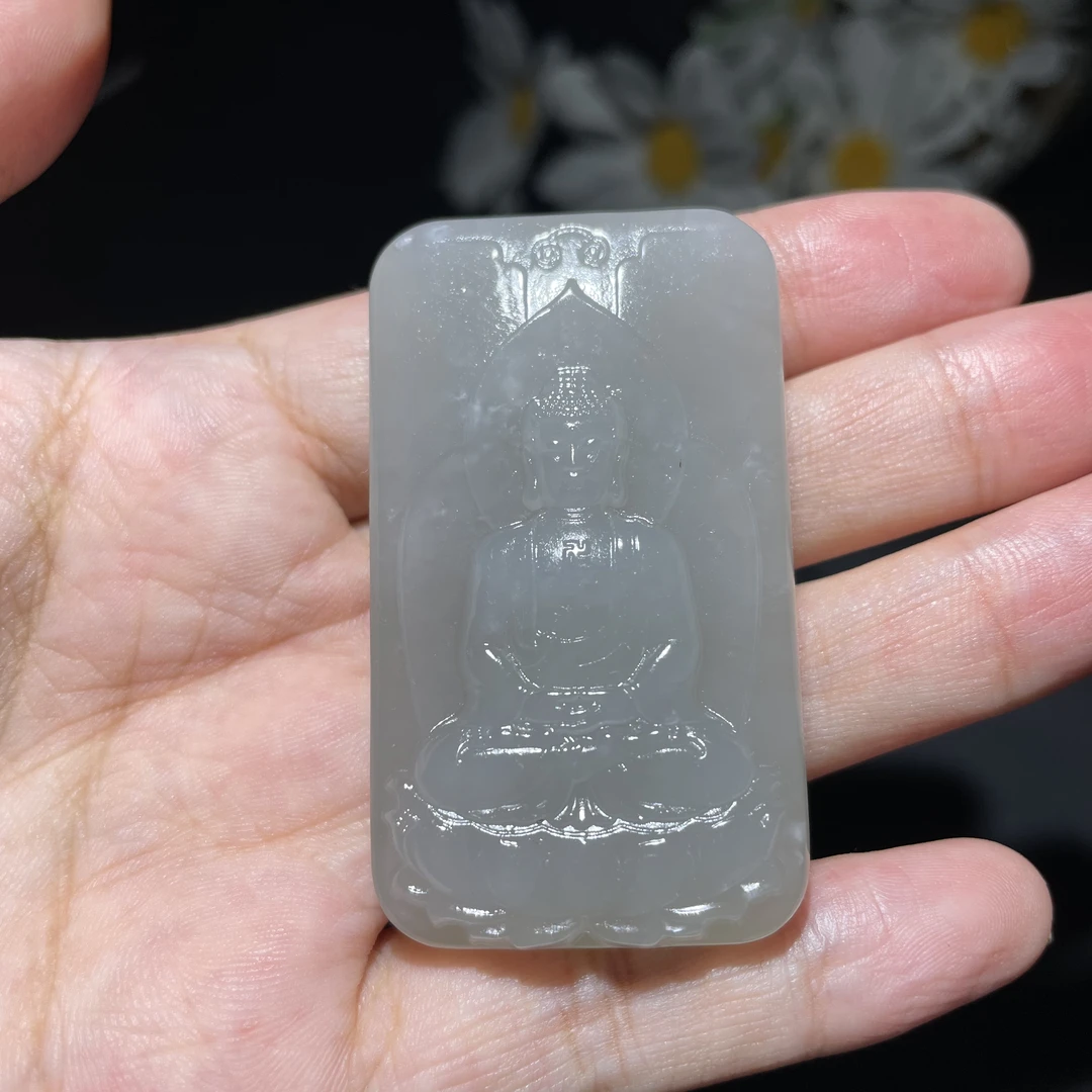 天然和田玉青海料烟紫大日如来羊猴守护吊坠43.6克54-31-11毫米