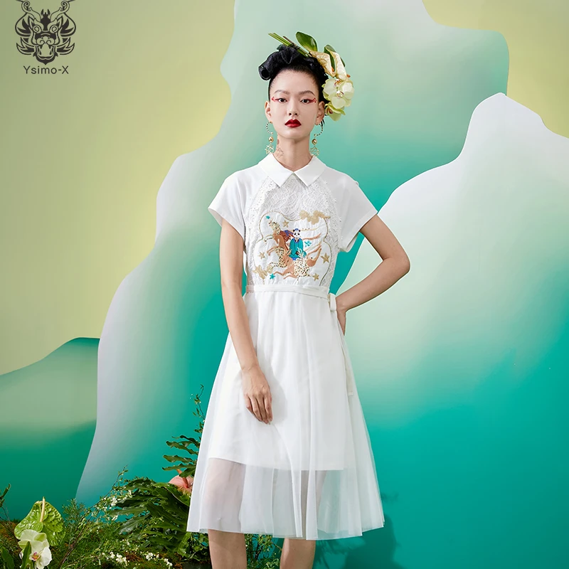 云思木想摩登中国风2022夏季新款贴布绣花网纱短袖连衣裙69522