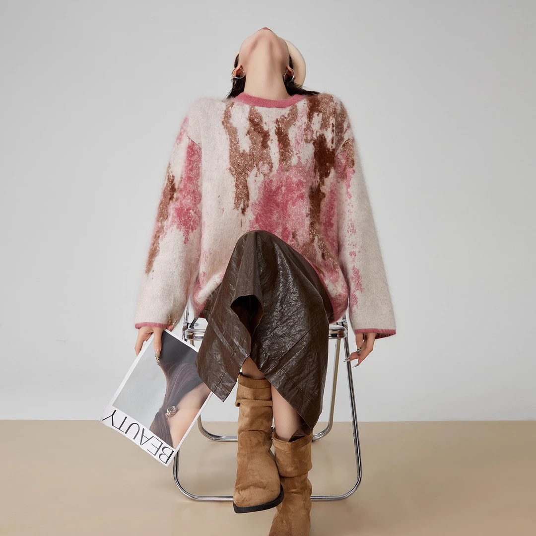 M洋同款粉黛子羊绒衫 芝麻点提花重工拉绒圆领针织毛衣女Y