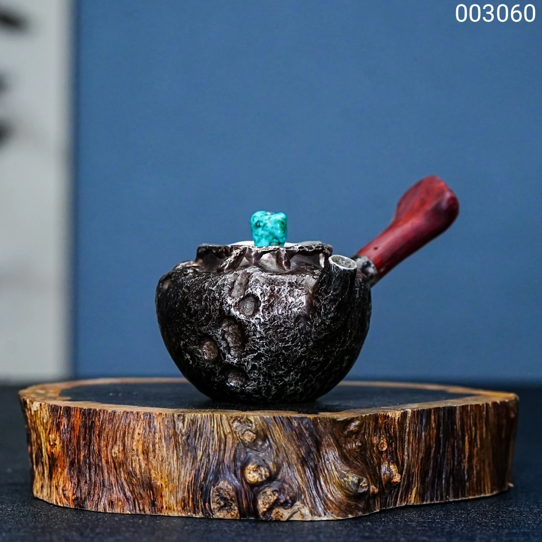 【森田手作】纯手工一张打侘寂风侧把泡茶壶 足银999陨石坑小银壶