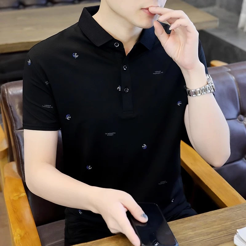 VIATEMSIARY轻奢珠地棉男士短袖t恤商务休闲潮流印花保罗Polo衫夏
