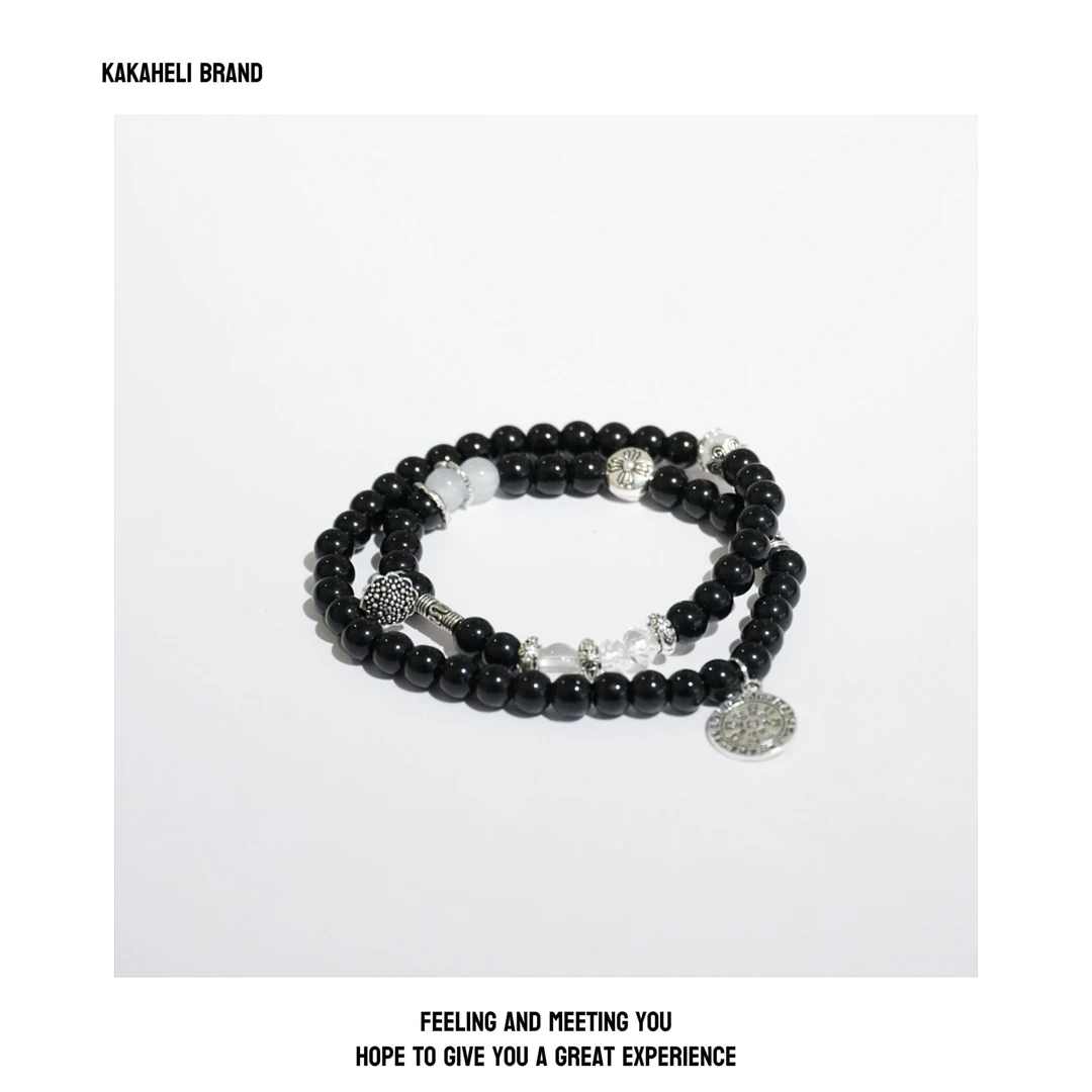 铜合金手链 时尚轻奢情侣编织小众黑色珠珠双层手链KK1572